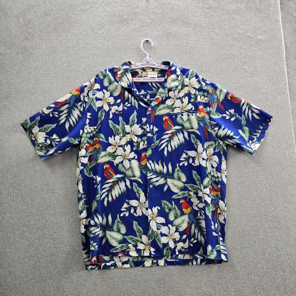Evergreen Island Men Button Up Shirt XL Blue Floral Parrots Hawaiian Shirt